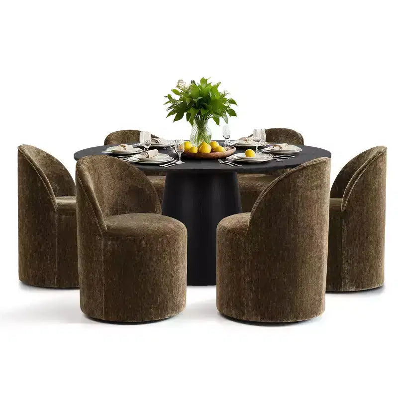 Ensemble table à manger ronde moderne pour 6, Table à manger piédestal noire, Chaises pivotantes roulantes en chenille avec roulettes - Panipeachy