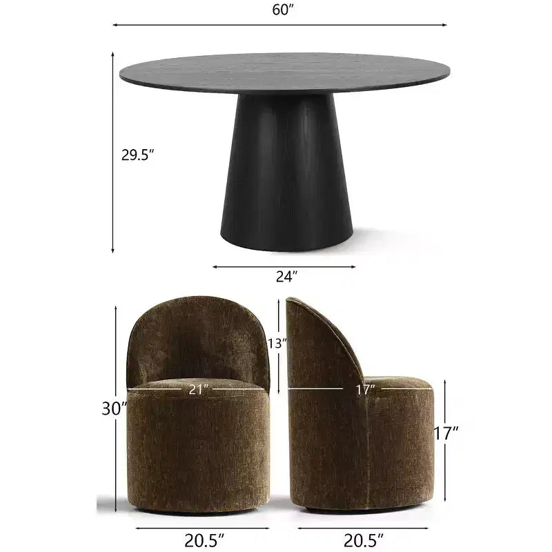 Ensemble table à manger ronde moderne pour 6, Table à manger piédestal noire, Chaises pivotantes roulantes en chenille avec roulettes - Panipeachy