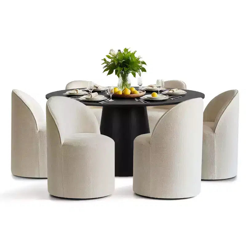 Ensemble table à manger ronde moderne pour 6, Table à manger piédestal noire, Chaises pivotantes roulantes en chenille avec roulettes - Panipeachy