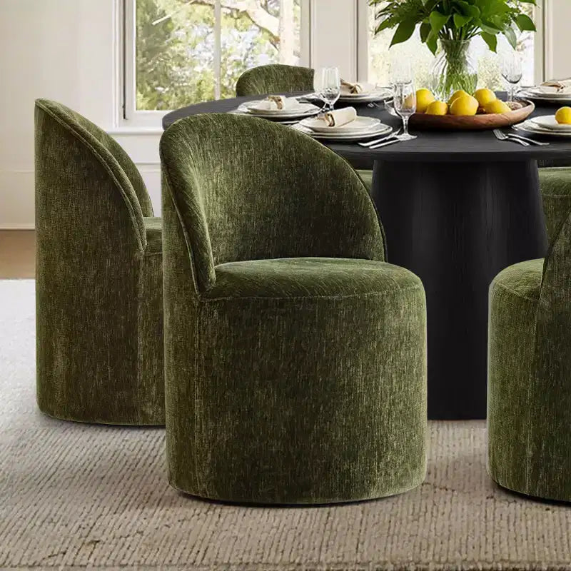 Ensemble table à manger ronde moderne pour 6, Table à manger piédestal noire, Chaises pivotantes roulantes en chenille avec roulettes - Panipeachy