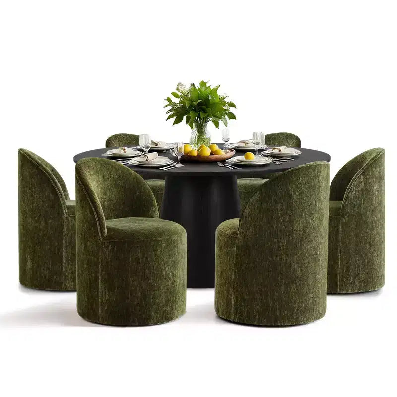 Ensemble table à manger ronde moderne pour 6, Table à manger piédestal noire, Chaises pivotantes roulantes en chenille avec roulettes - Panipeachy