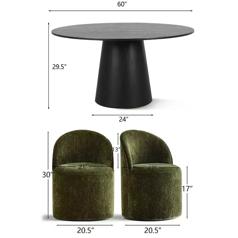 Ensemble table à manger ronde moderne pour 6, Table à manger piédestal noire, Chaises pivotantes roulantes en chenille avec roulettes - Panipeachy