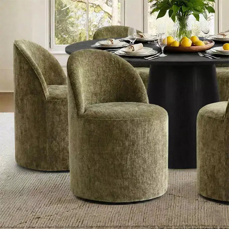 Ensemble table à manger ronde moderne pour 6, Table à manger piédestal noire, Chaises pivotantes roulantes en chenille avec roulettes - Panipeachy