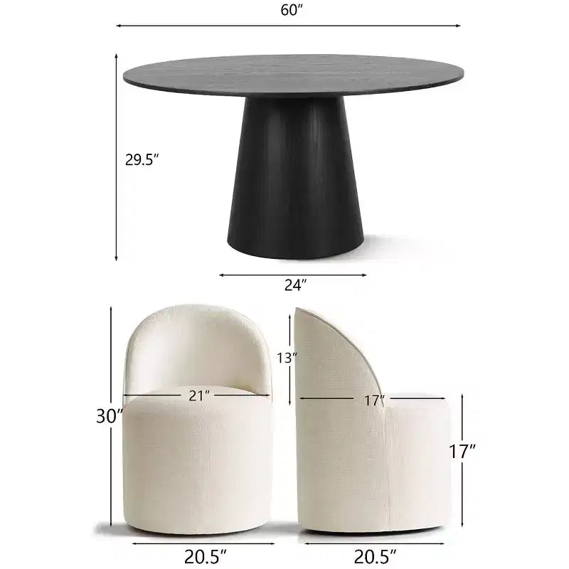 Ensemble table à manger ronde moderne pour 6, Table à manger piédestal noire, Chaises pivotantes roulantes en chenille avec roulettes - Panipeachy
