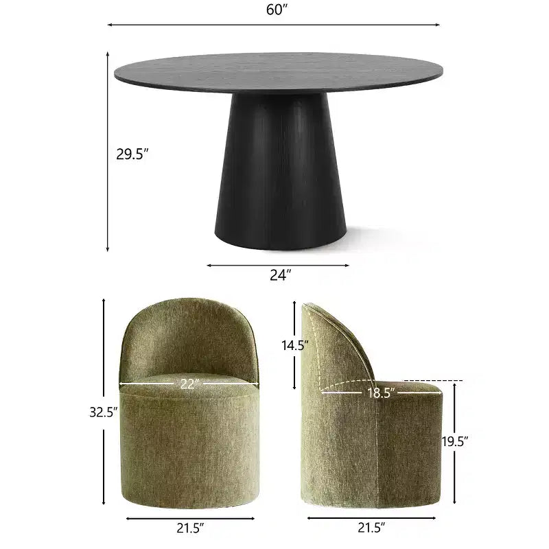 Ensemble table à manger ronde moderne pour 6, Table à manger piédestal noire, Chaises pivotantes roulantes en chenille avec roulettes - Panipeachy