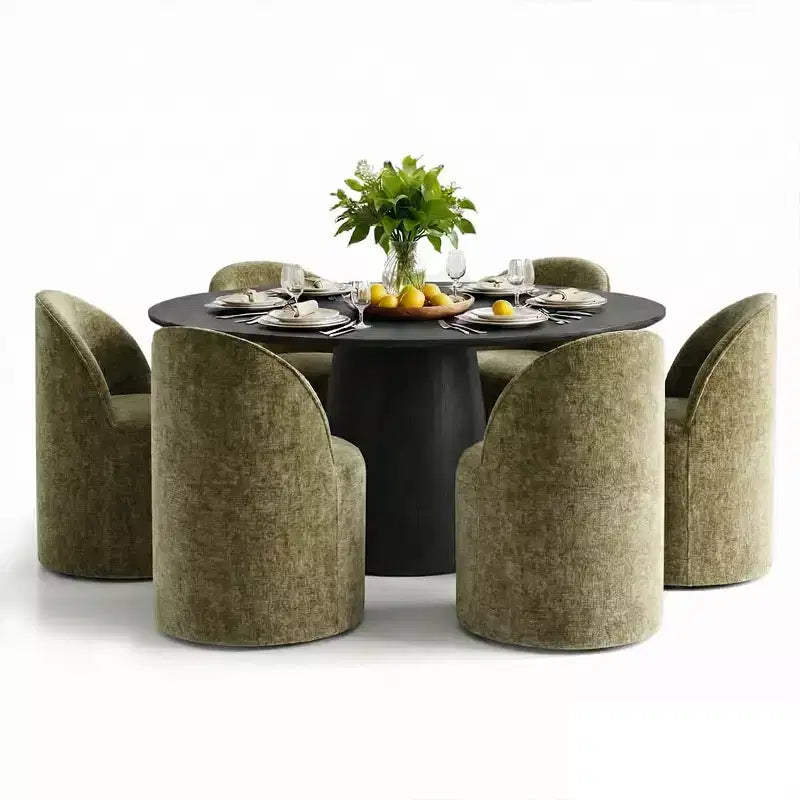 Ensemble table à manger ronde moderne pour 6, Table à manger piédestal noire, Chaises pivotantes roulantes en chenille avec roulettes - Panipeachy