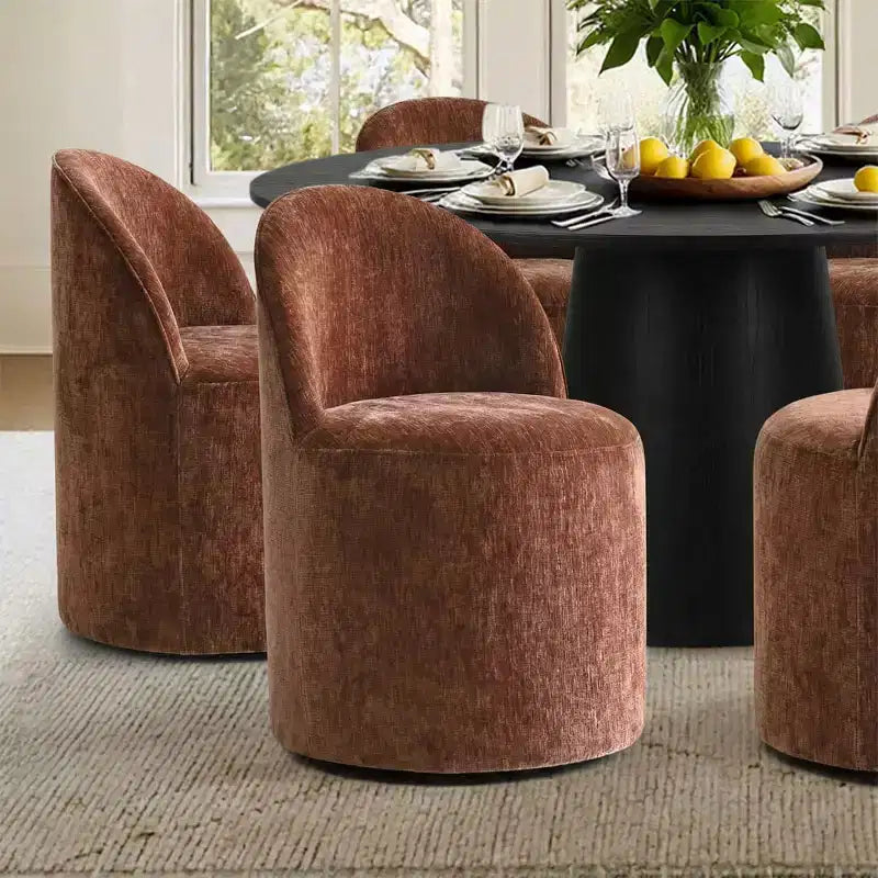 Ensemble table à manger ronde moderne pour 6, Table à manger piédestal noire, Chaises pivotantes roulantes en chenille avec roulettes - Panipeachy