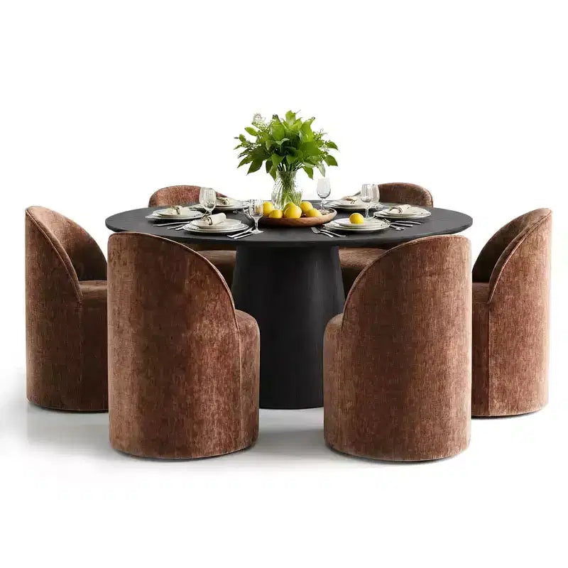 Ensemble table à manger ronde moderne pour 6, Table à manger piédestal noire, Chaises pivotantes roulantes en chenille avec roulettes - Panipeachy