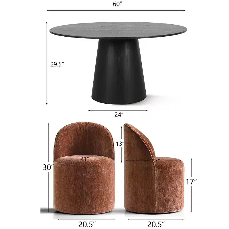 Ensemble table à manger ronde moderne pour 6, Table à manger piédestal noire, Chaises pivotantes roulantes en chenille avec roulettes - Panipeachy