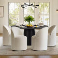 Modern Round Dining Table Set For 6, Black Pedestal Dining Table, Chenille Swivel Rolling Barrel Chairs With Wheels - Panipeachy