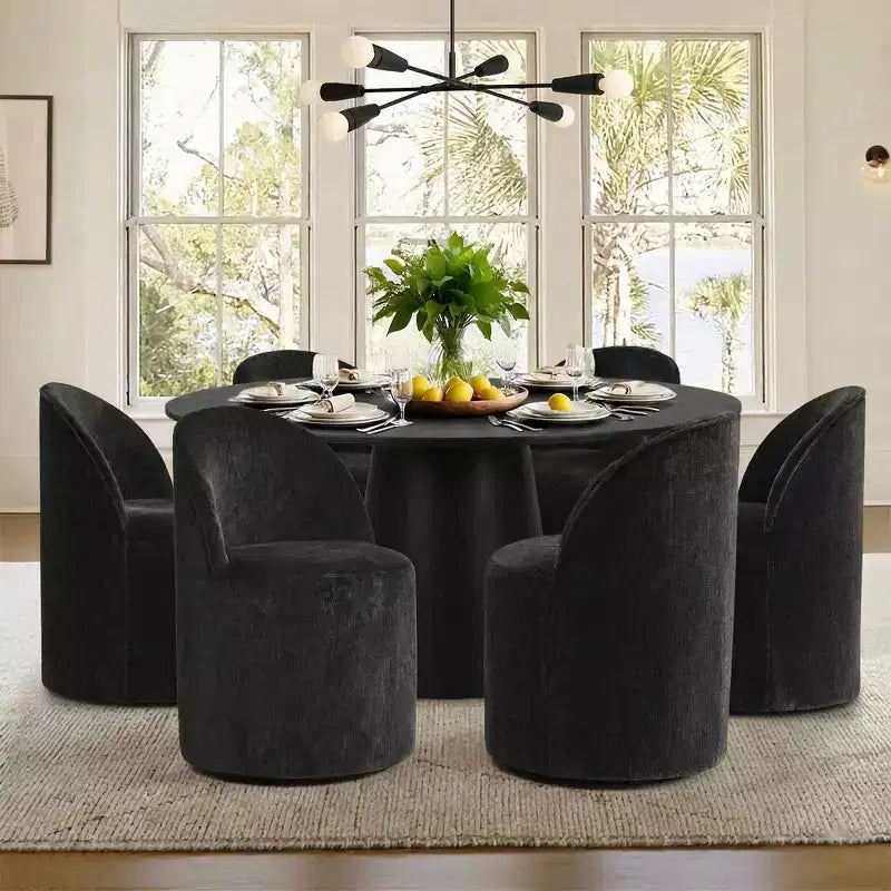 Ensemble table à manger ronde moderne pour 6, Table à manger piédestal noire, Chaises pivotantes roulantes en chenille avec roulettes - Panipeachy