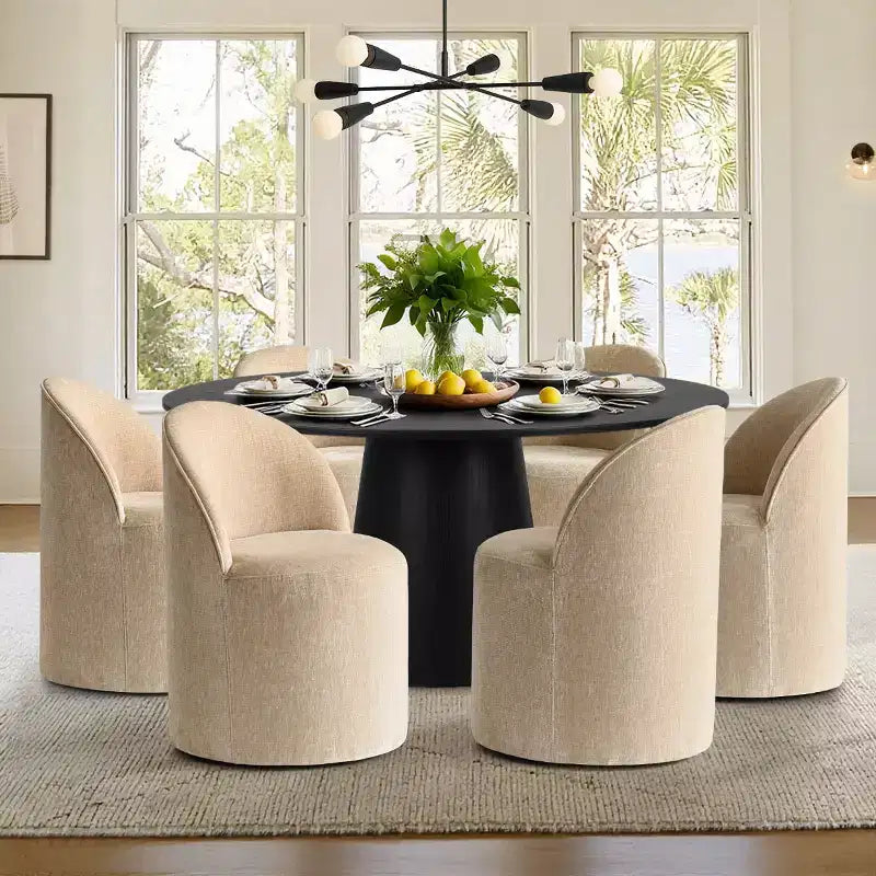 Ensemble table à manger ronde moderne pour 6, Table à manger piédestal noire, Chaises pivotantes roulantes en chenille avec roulettes - Panipeachy