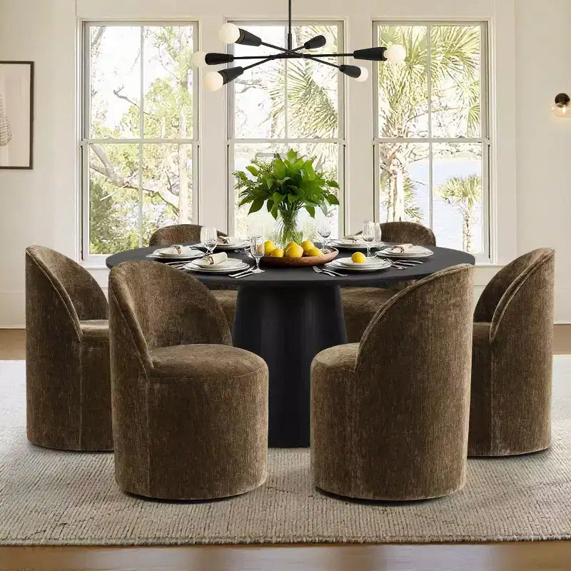 Ensemble table à manger ronde moderne pour 6, Table à manger piédestal noire, Chaises pivotantes roulantes en chenille avec roulettes - Panipeachy
