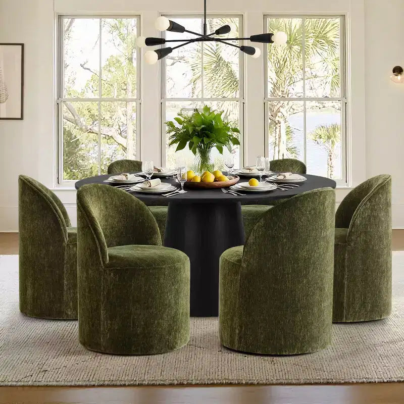 Ensemble table à manger ronde moderne pour 6, Table à manger piédestal noire, Chaises pivotantes roulantes en chenille avec roulettes - Panipeachy