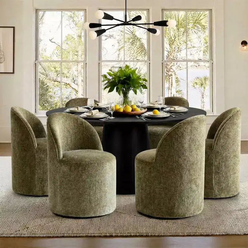 Ensemble table à manger ronde moderne pour 6, Table à manger piédestal noire, Chaises pivotantes roulantes en chenille avec roulettes - Panipeachy