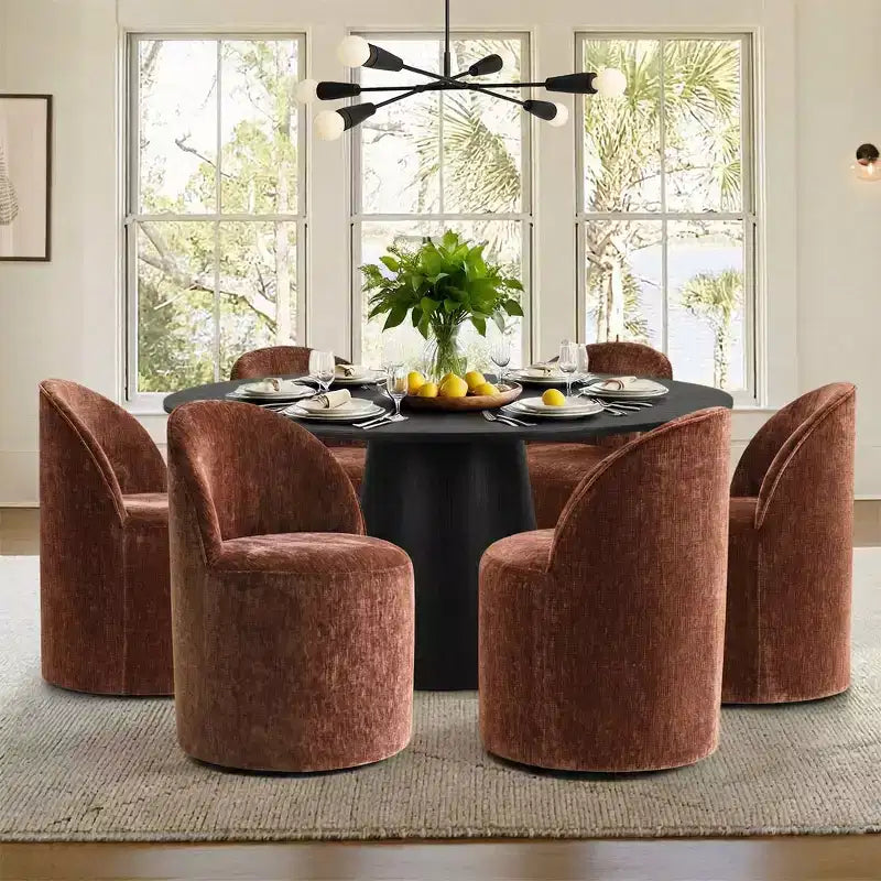 Ensemble table à manger ronde moderne pour 6, Table à manger piédestal noire, Chaises pivotantes roulantes en chenille avec roulettes - Panipeachy