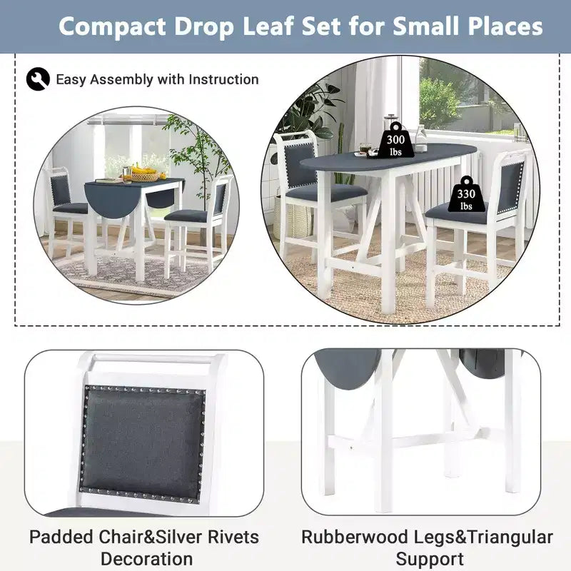Ensemble table à manger pliante 3 pièces en bois avec 2 chaises de salle à manger rembourrées hauteur comptoir pour petits espaces