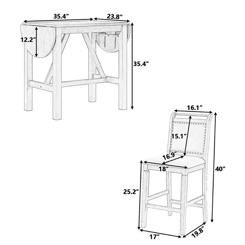Ensemble table à manger pliante 3 pièces en bois avec 2 chaises de salle à manger rembourrées hauteur comptoir pour petits espaces