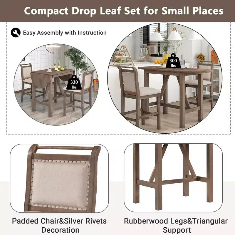Ensemble table à manger pliante 3 pièces en bois avec 2 chaises de salle à manger rembourrées hauteur comptoir pour petits espaces