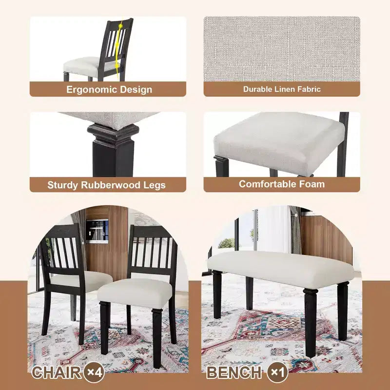 Ensemble de salle à manger rétro GDFStudio Griffin 6 pièces avec table rectangulaire en bois, 4 chaises et un banc
