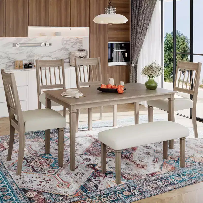 Ensemble de salle à manger rétro GDFStudio Griffin 6 pièces avec table rectangulaire en bois, 4 chaises et un banc