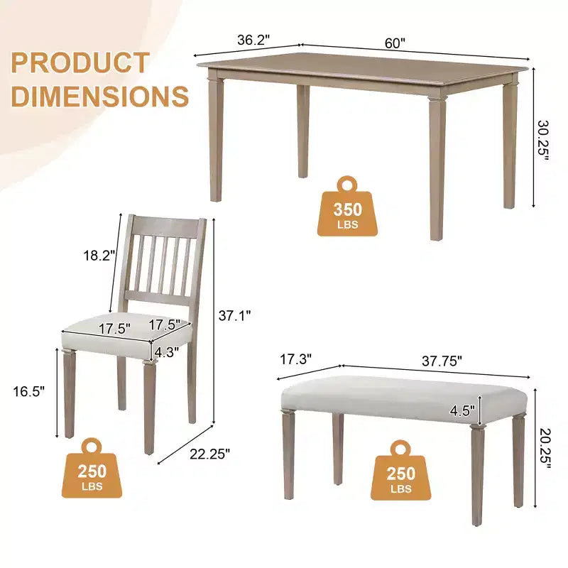 Ensemble de salle à manger rétro GDFStudio Griffin 6 pièces avec table rectangulaire en bois, 4 chaises et un banc