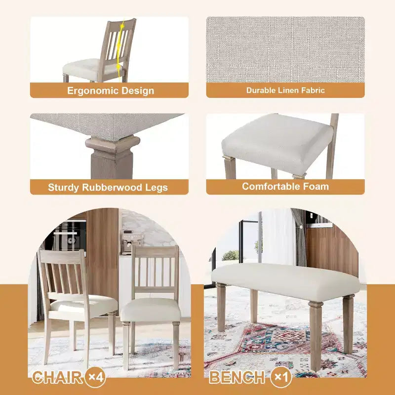 Ensemble de salle à manger rétro GDFStudio Griffin 6 pièces avec table rectangulaire en bois, 4 chaises et un banc