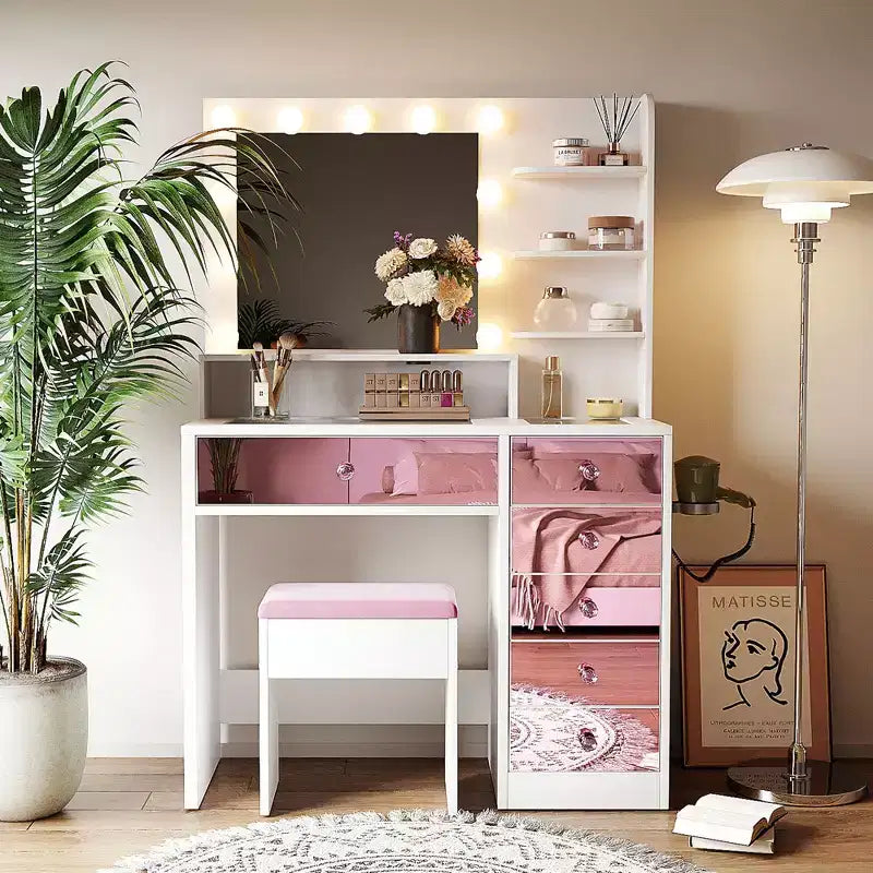 Makeup Vanity Desk Set Dressing Table with Storage Cushioned Stool, Mirror, 3 Color Lighting Bulb, Charging Station & Hair Dryer Holder - ModernLuxe