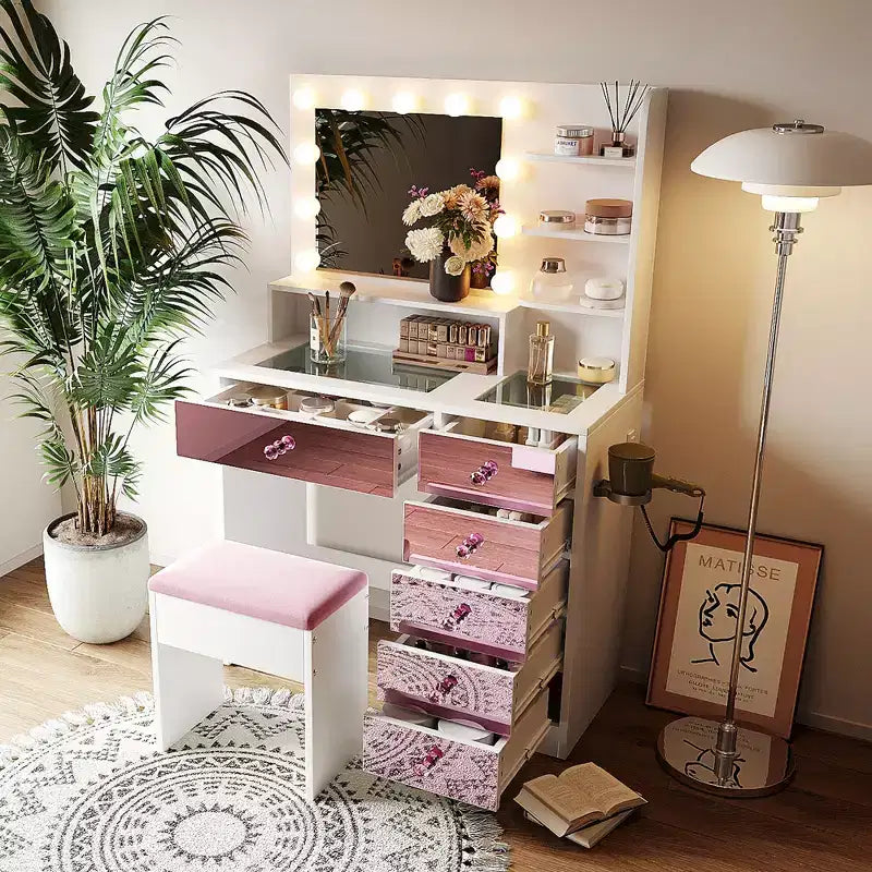 Coiffeuse avec tabouret rembourré, miroir, ampoules à 3 couleurs d'éclairage, station de charge et support pour sèche-cheveux - ModernLuxe