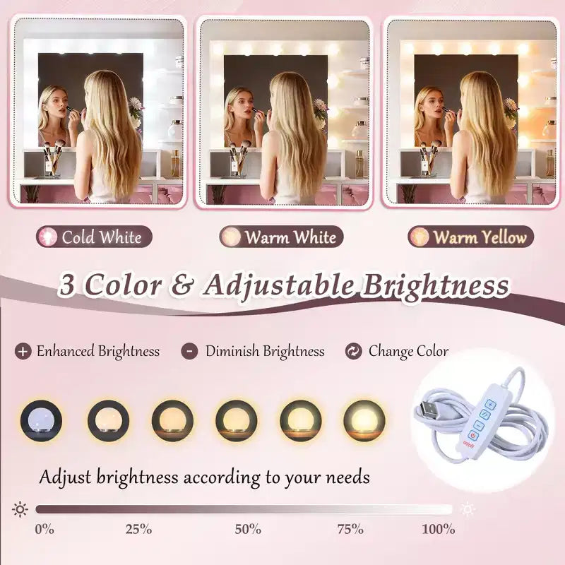 Coiffeuse avec tabouret rembourré, miroir, ampoules à 3 couleurs d'éclairage, station de charge et support pour sèche-cheveux - ModernLuxe