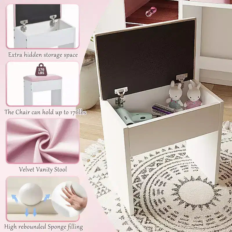Coiffeuse avec tabouret rembourré, miroir, ampoules à 3 couleurs d'éclairage, station de charge et support pour sèche-cheveux - ModernLuxe