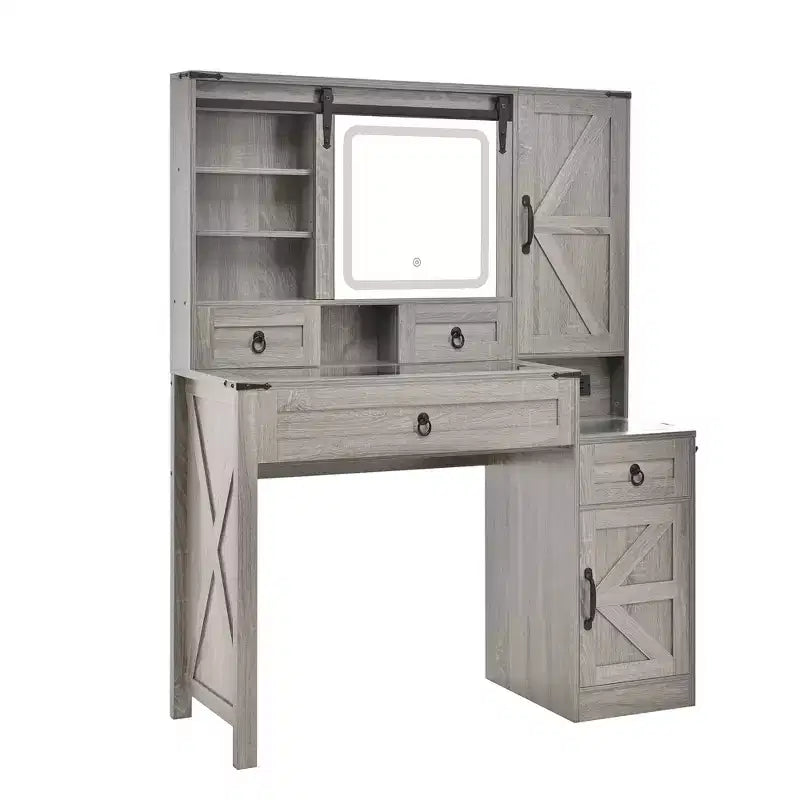 Coiffeuse MAYEERTY avec miroir coulissant, plateau en verre, station de charge, 4 tiroirs, 2 armoires, tabouret pour chambre à coucher Gris