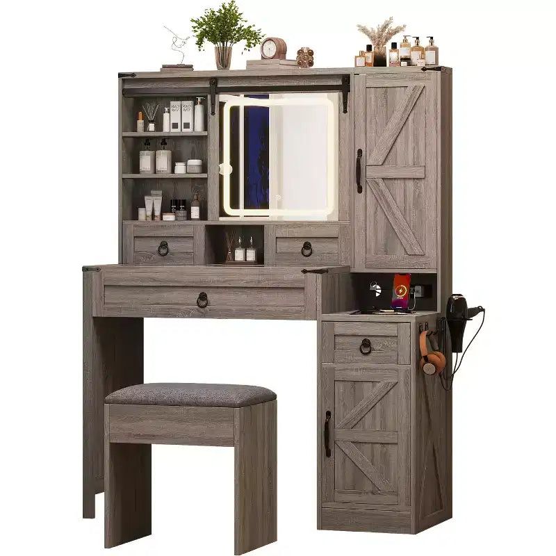 Coiffeuse MAYEERTY avec miroir coulissant, plateau en verre, station de charge, 4 tiroirs, 2 armoires, tabouret pour chambre à coucher Gris
