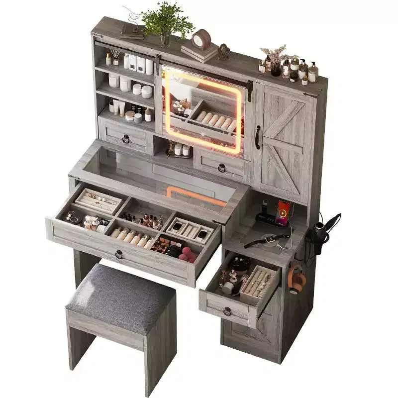 Coiffeuse MAYEERTY avec miroir coulissant, plateau en verre, station de charge, 4 tiroirs, 2 armoires, tabouret pour chambre à coucher Gris