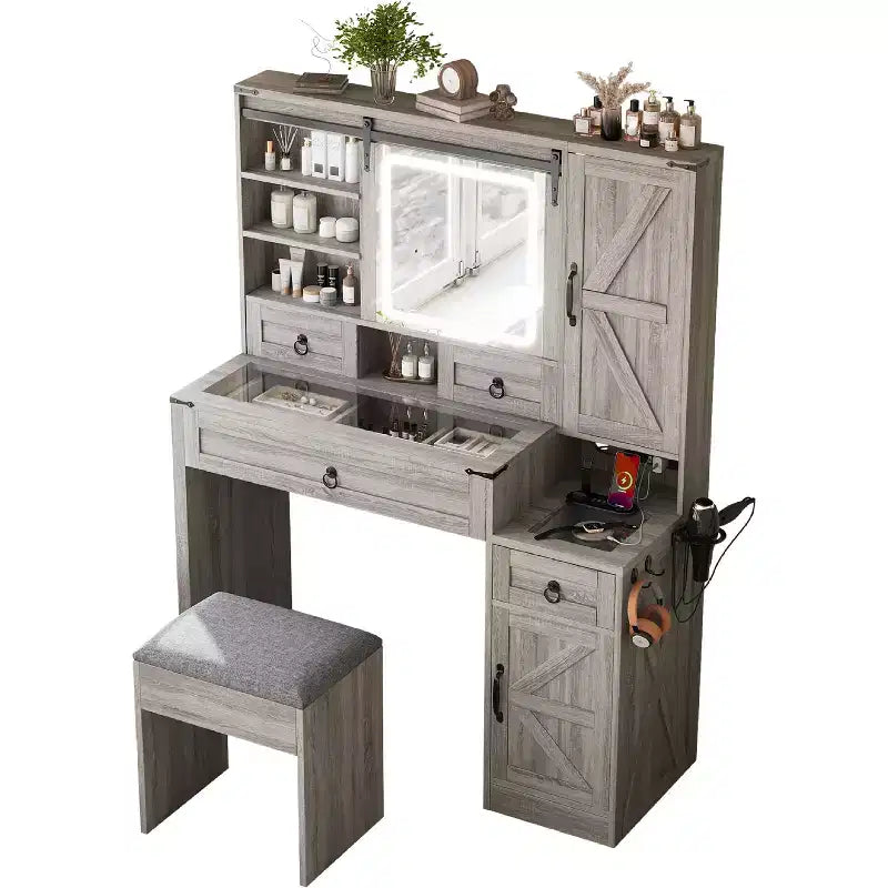 Coiffeuse MAYEERTY avec miroir coulissant, plateau en verre, station de charge, 4 tiroirs, 2 armoires, tabouret pour chambre à coucher Gris