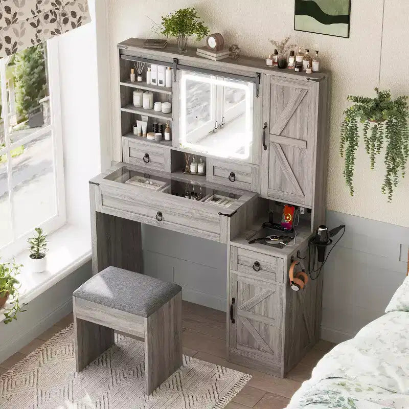 Coiffeuse MAYEERTY avec miroir coulissant, plateau en verre, station de charge, 4 tiroirs, 2 armoires, tabouret pour chambre à coucher Gris
