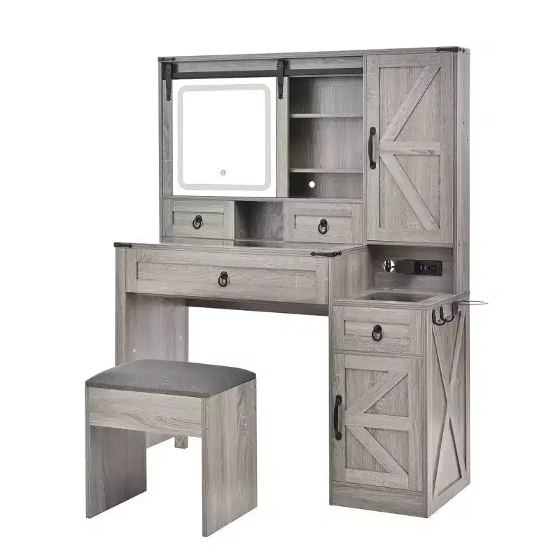 Coiffeuse MAYEERTY avec miroir coulissant, plateau en verre, station de charge, 4 tiroirs, 2 armoires, tabouret pour chambre à coucher Gris