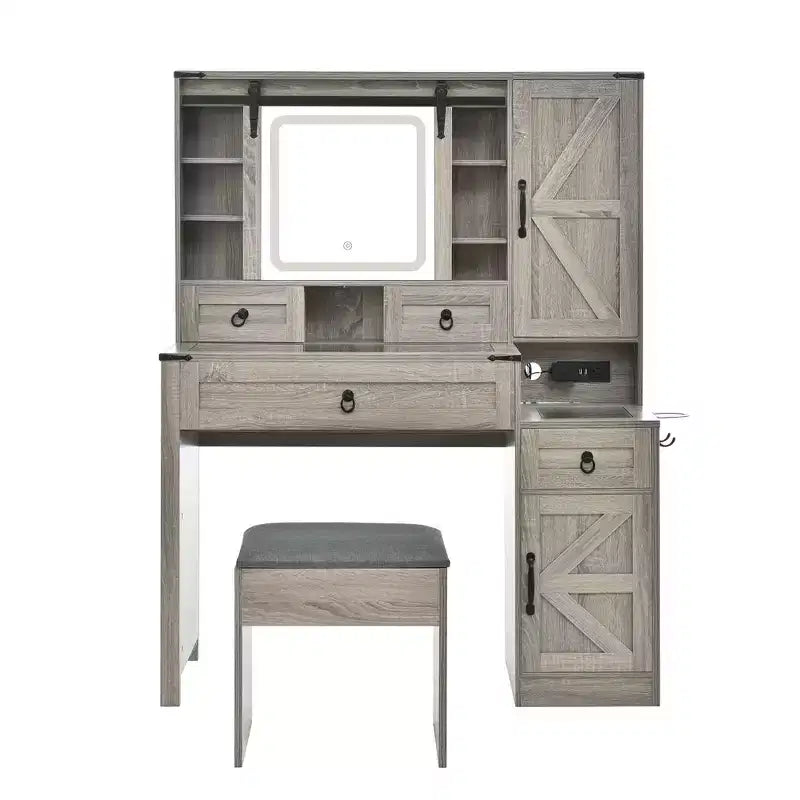 Coiffeuse MAYEERTY avec miroir coulissant, plateau en verre, station de charge, 4 tiroirs, 2 armoires, tabouret pour chambre à coucher Gris