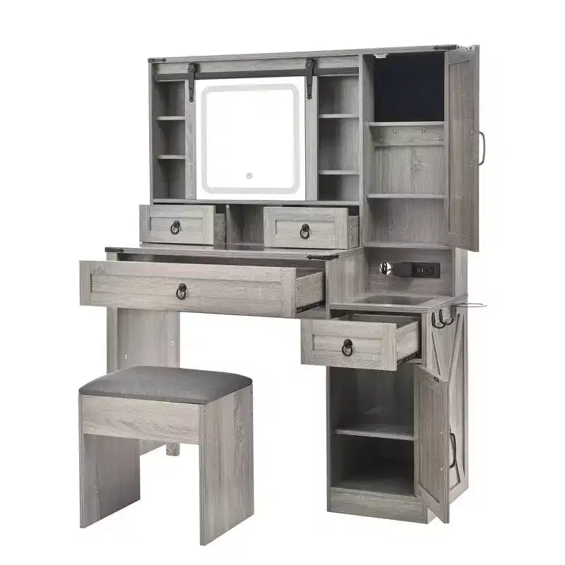 Coiffeuse MAYEERTY avec miroir coulissant, plateau en verre, station de charge, 4 tiroirs, 2 armoires, tabouret pour chambre à coucher Gris