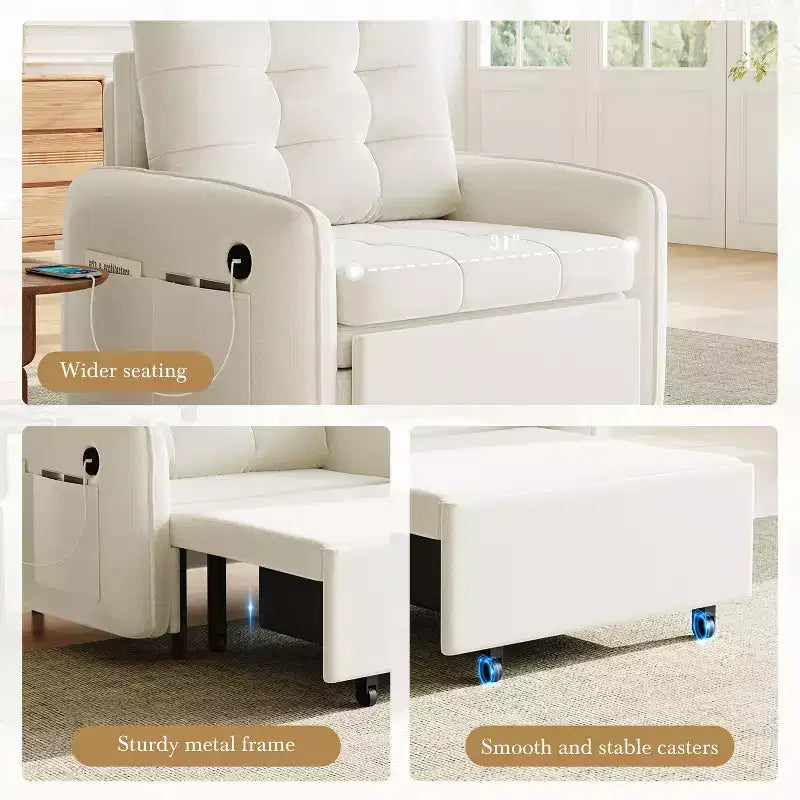 Polibi Fauteuil Lit Convertible 3 en 1 avec Chargement USB et Rangement Caché