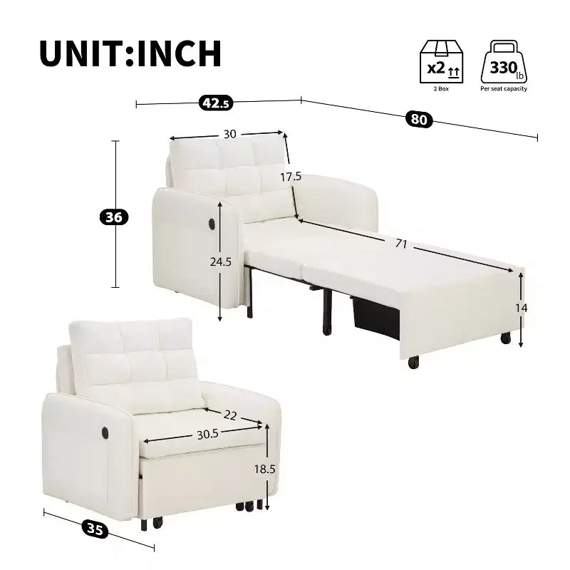 Polibi Fauteuil Lit Convertible 3 en 1 avec Chargement USB et Rangement Caché