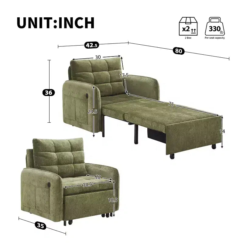 Polibi Fauteuil Lit Convertible 3 en 1 avec Chargement USB et Rangement Caché