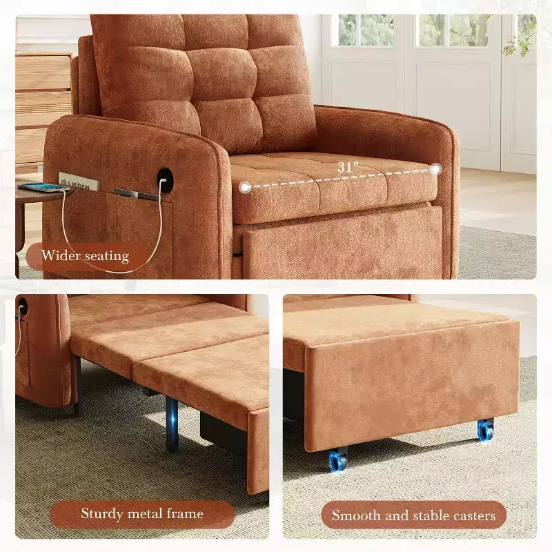 Polibi Fauteuil Lit Convertible 3 en 1 avec Chargement USB et Rangement Caché