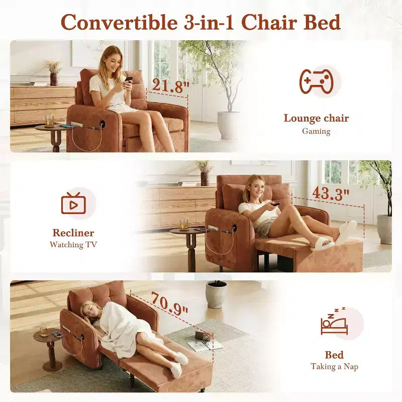 Polibi Fauteuil Lit Convertible 3 en 1 avec Chargement USB et Rangement Caché
