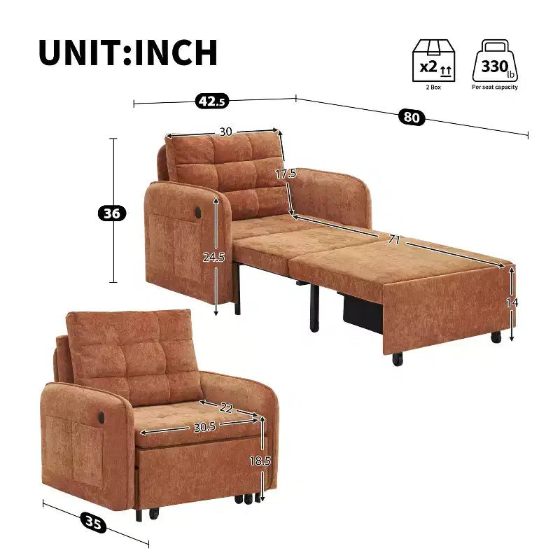 Polibi Fauteuil Lit Convertible 3 en 1 avec Chargement USB et Rangement Caché
