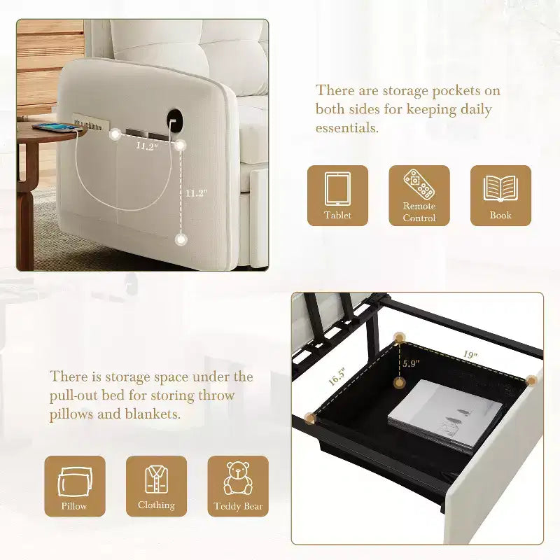 Polibi Fauteuil Lit Convertible 3 en 1 avec Chargement USB et Rangement Caché