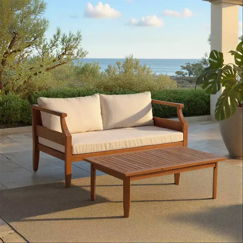 Ensemble de patio Alta banc et table - Intérieur/extérieur - PAT6812 - Marron teck/Crème - Safavieh