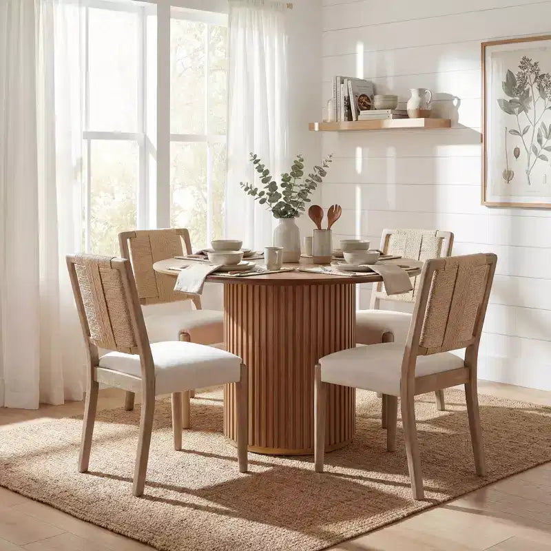 Christopher Knight Home Seema Modern 5 Piece Round Dining Table Set with Rubberwood Upholstered Chairs