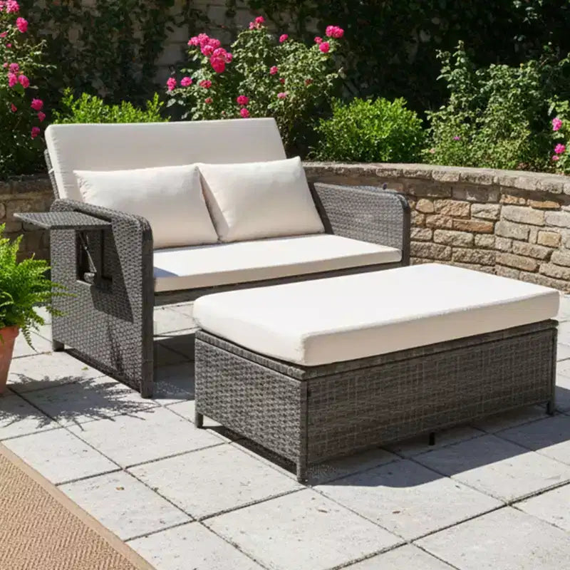 Karl Home | Adjustable Wicker Chaise Lounge with Storage Ottoman and Cup Holders