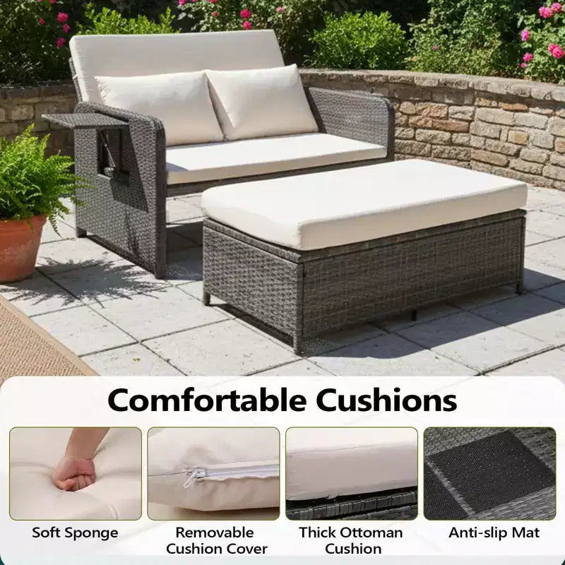 Karl Home | Chaise longue réglable en osier avec pouf de rangement et porte-gobelets